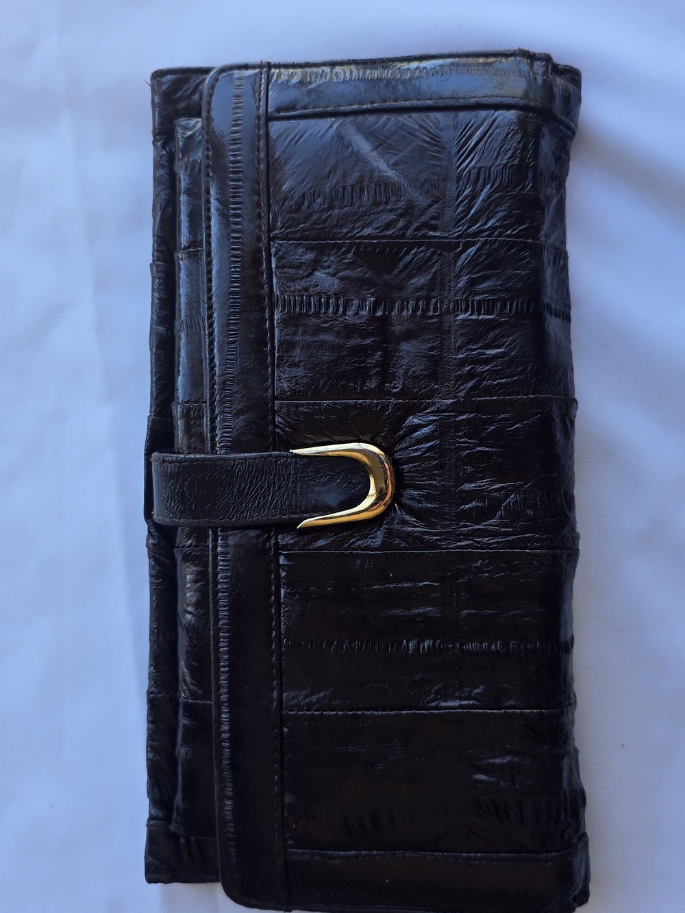 Vintage Lotte Mimi Genuine Eel Skin Trifold Wallet Clutch - Dark Brown Chocolate